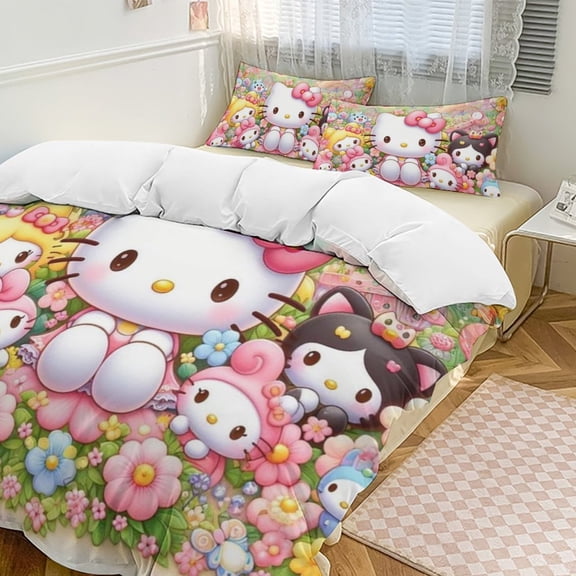 Cartoon Hello Kawaii Cat Bedding Set 3 Piece, 1 Printing Duvet Cover And 2 Pillowcase Comforter Sets Super Soft Set 86"x70"