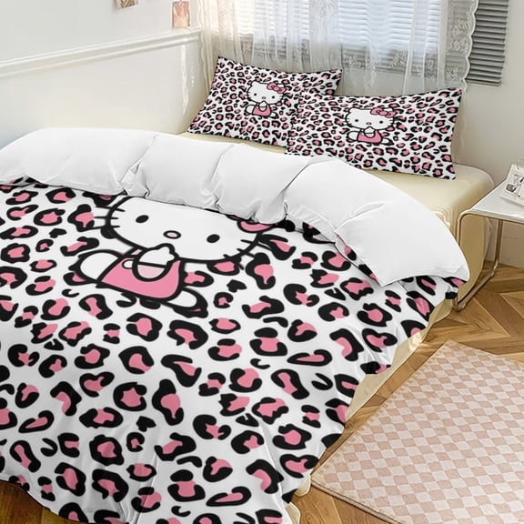Cartoon Hello Kawaii Cat Bedding Set 3 Piece, 1 Printing Duvet Cover And 2 Pillowcase Comforter Sets Super Soft Set 86"x70"