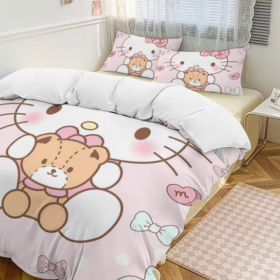 Cartoon Hello Kawaii Cat Bedding Set 3 Piece, 1 Printing Duvet Cover And 2 Pillowcase Comforter Sets Super Soft Set 86"x70"