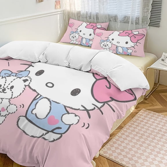 Cartoon Hello Kawaii Cat Bedding Set 3 Piece, 1 Printing Duvet Cover And 2 Pillowcase Comforter Sets Super Soft Set 86"x70"