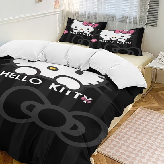 Cartoon Hello Kawaii Cat Bedding Set 3 Piece, 1 Printing Duvet Cover And 2 Pillowcase Comforter Sets Super Soft Set 86"x70"