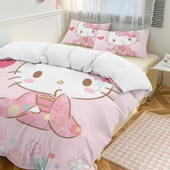 Cartoon Hello Kawaii Cat Bedding Set 3 Piece, 1 Printing Duvet Cover And 2 Pillowcase Comforter Sets Super Soft Set 86"x70"