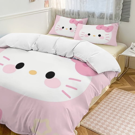 Cartoon Hello Kawaii Cat Bedding Set 3 Piece, 1 Printing Duvet Cover And 2 Pillowcase Comforter Sets Super Soft Set 86"x70"