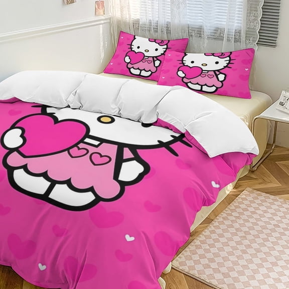 Cartoon Hello Kawaii Cat Bedding Set 3 Piece, 1 Printing Duvet Cover And 2 Pillowcase Comforter Sets Super Soft Set 86"x70"