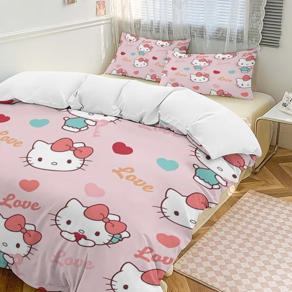 Cartoon Hello Kawaii Cat Bedding Set 3 Piece, 1 Printing Duvet Cover And 2 Pillowcase Comforter Sets Super Soft Set 86"x70"