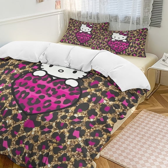 Cartoon Hello Kawaii Cat Bedding Set 3 Piece, 1 Printing Duvet Cover And 2 Pillowcase Comforter Sets Super Soft Set 86"x70"