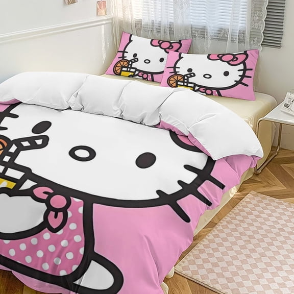 Cartoon Hello Kawaii Cat Bedding Set 3 Piece, 1 Printing Duvet Cover And 2 Pillowcase Comforter Sets Super Soft Set 86"x70"