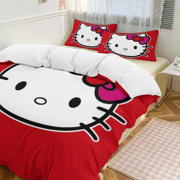 Cartoon Hello Kawaii Cat Bedding Set 3 Piece, 1 Printing Duvet Cover And 2 Pillowcase Comforter Sets Super Soft Set 86"x70"
