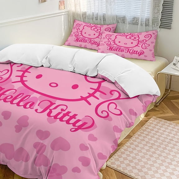 Cartoon Hello Kawaii Cat Bedding Set 3 Piece, 1 Printing Duvet Cover And 2 Pillowcase Comforter Sets Super Soft Set 86"x70"