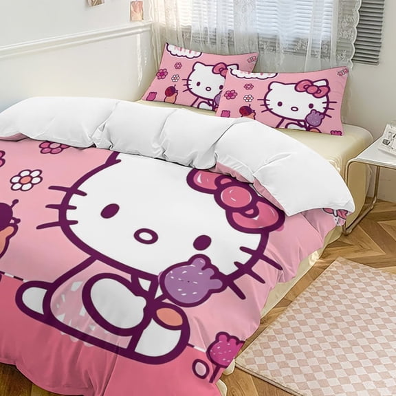 Cartoon Hello Kawaii Cat Bedding Set 3 Piece, 1 Printing Duvet Cover And 2 Pillowcase Comforter Sets Super Soft Set 86"x70"