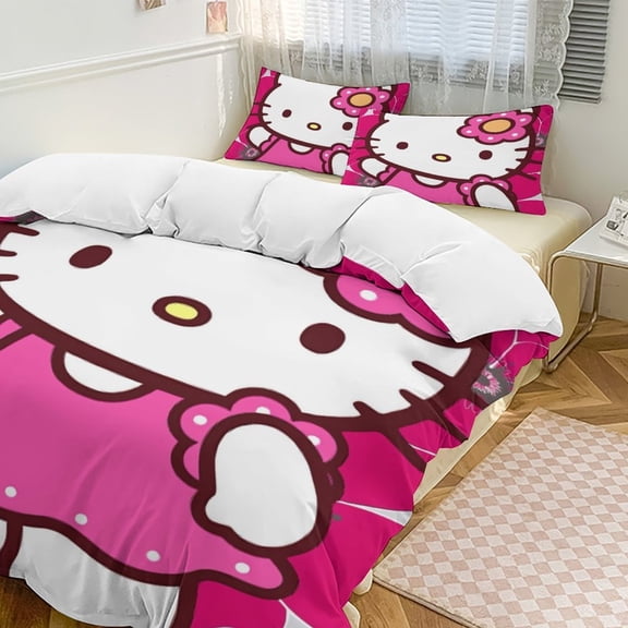 Cartoon Hello Kawaii Cat Bedding Set 3 Piece, 1 Printing Duvet Cover And 2 Pillowcase Comforter Sets Super Soft Set 86"x70"