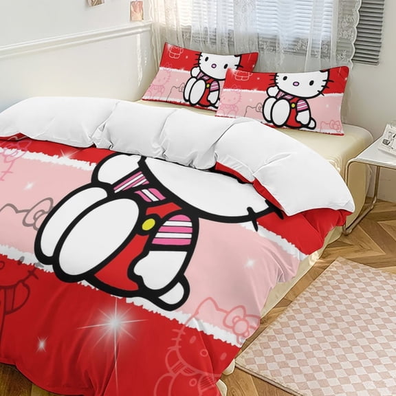Cartoon Hello Kawaii Cat Bedding Set 3 Piece, 1 Printing Duvet Cover And 2 Pillowcase Comforter Sets Super Soft Set 86"x70"