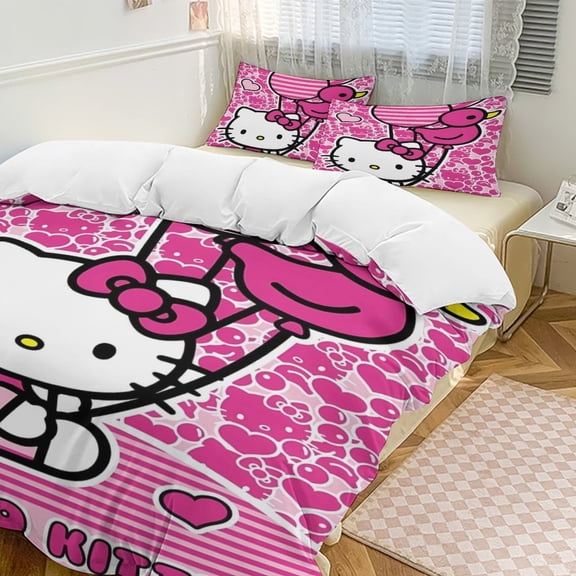 Cartoon Hello Kawaii Cat Bedding Set 3 Piece, 1 Printing Duvet Cover And 2 Pillowcase Comforter Sets Super Soft Set 86"x70"