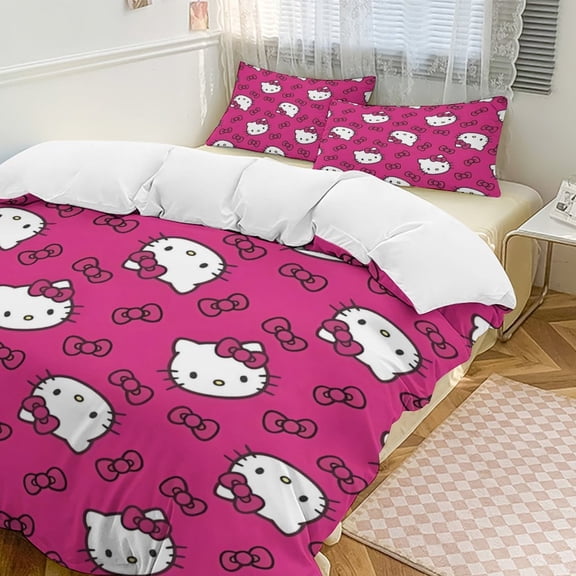 Cartoon Hello Kawaii Cat Bedding Set 3 Piece, 1 Printing Duvet Cover And 2 Pillowcase Comforter Sets Super Soft Set 86"x70"