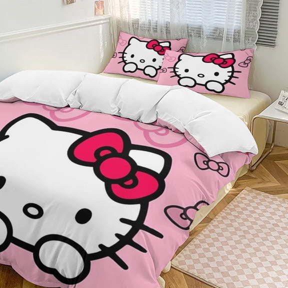 Cartoon Hello Kawaii Cat Bedding Set 3 Piece, 1 Printing Duvet Cover And 2 Pillowcase Comforter Sets Super Soft Set 86"x70"