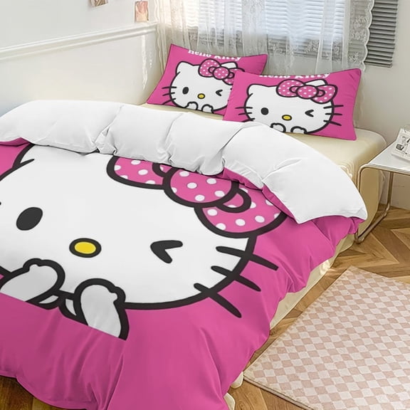 Cartoon Hello Kawaii Cat Bedding Set 3 Piece, 1 Printing Duvet Cover And 2 Pillowcase Comforter Sets Super Soft Set 86"x70"