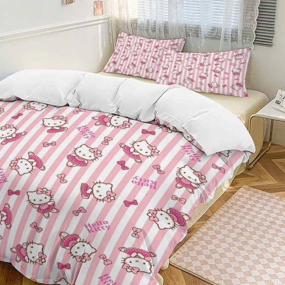 Cartoon Hello Kawaii Cat Bedding Set 3 Piece, 1 Printing Duvet Cover And 2 Pillowcase Comforter Sets Super Soft Set 86"x70"