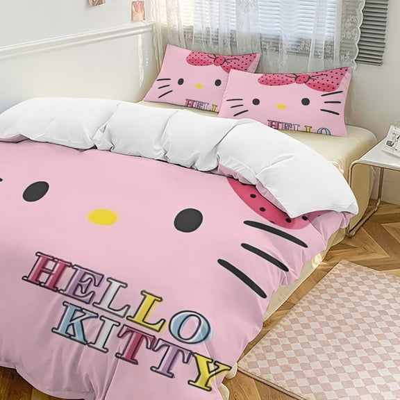 Cartoon Hello Kawaii Cat Bedding Set 3 Piece, 1 Printing Duvet Cover And 2 Pillowcase Comforter Sets Super Soft Set 86"x70"