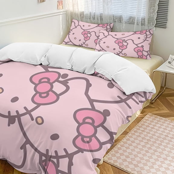 Cartoon Hello Kawaii Cat Bedding Set 3 Piece, 1 Printing Duvet Cover And 2 Pillowcase Comforter Sets Super Soft Set 86"x70"