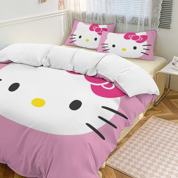 Cartoon Hello Kawaii Cat Bedding Set 3 Piece, 1 Printing Duvet Cover And 2 Pillowcase Comforter Sets Super Soft Set 90"x90" Queen