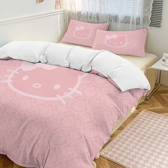 Cartoon Hello Kawaii Cat Bedding Set 3 Piece, 1 Printing Duvet Cover And 2 Pillowcase Comforter Sets Super Soft Set 90"x90" Queen