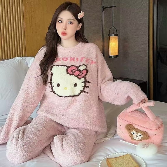 Cartoon Hello Kitty Cinnamorolll Half-sided Fleece Pajama Set for Women, Autumn and Winter Half-sided Fleece Anti-static Cartoon Fleece-lined and Thickened Loungewear Set, Can Be Worn Outdoors