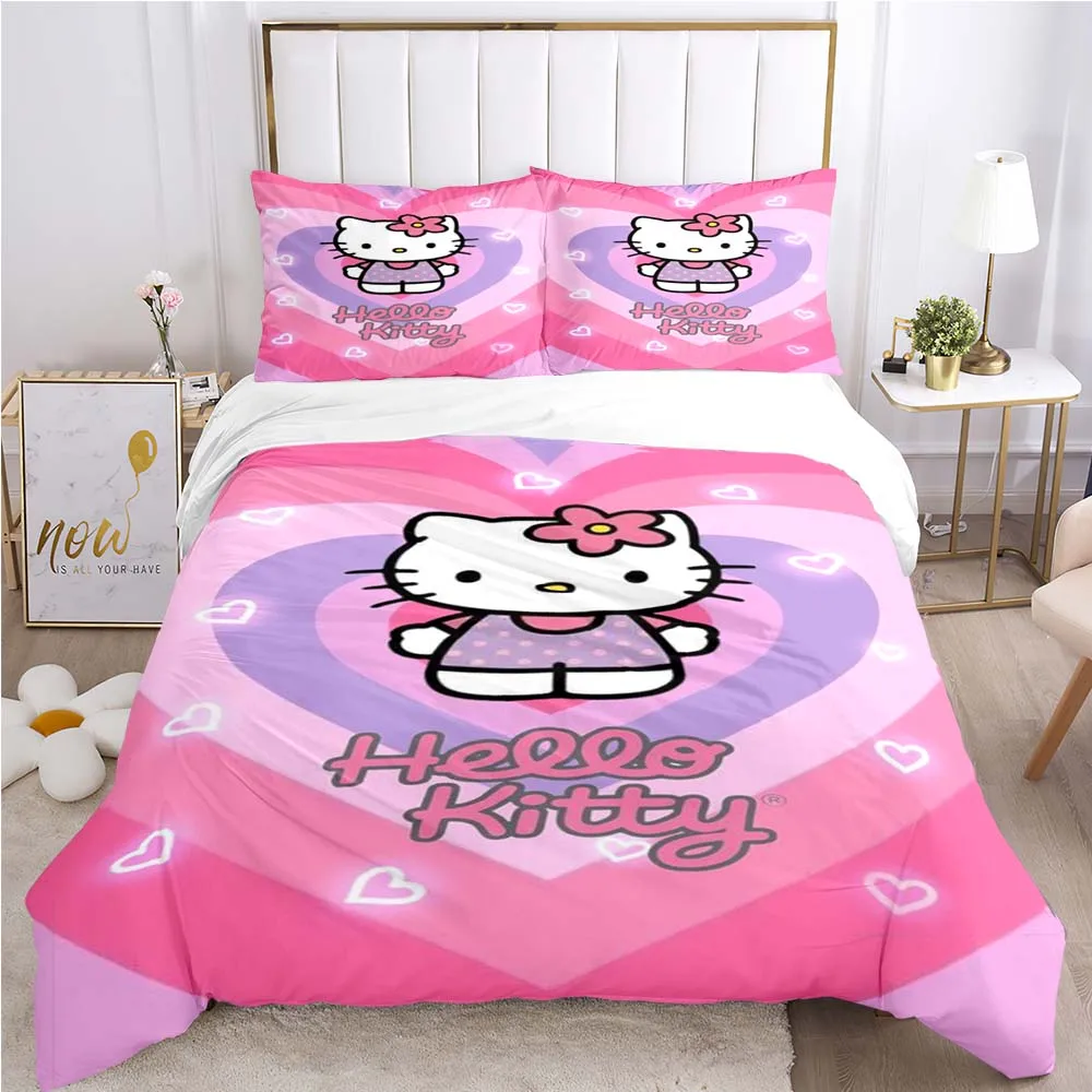 Hello Kitty Pink Heart Leopard Quilt Cover Bed Set – 100% Cotton, Queen Size