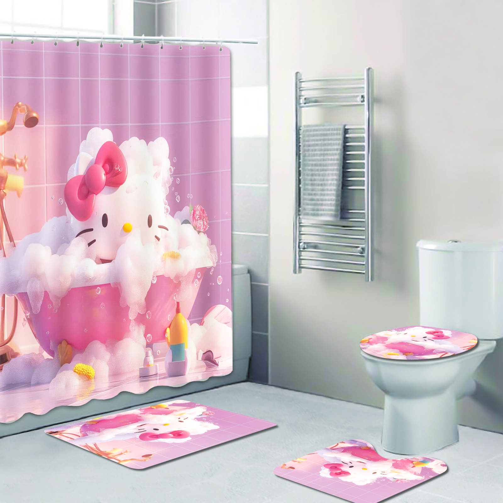 Cartoon Hello Kitty Shower Bath Set Cute Sanrio Bathroom Curtain Full ...