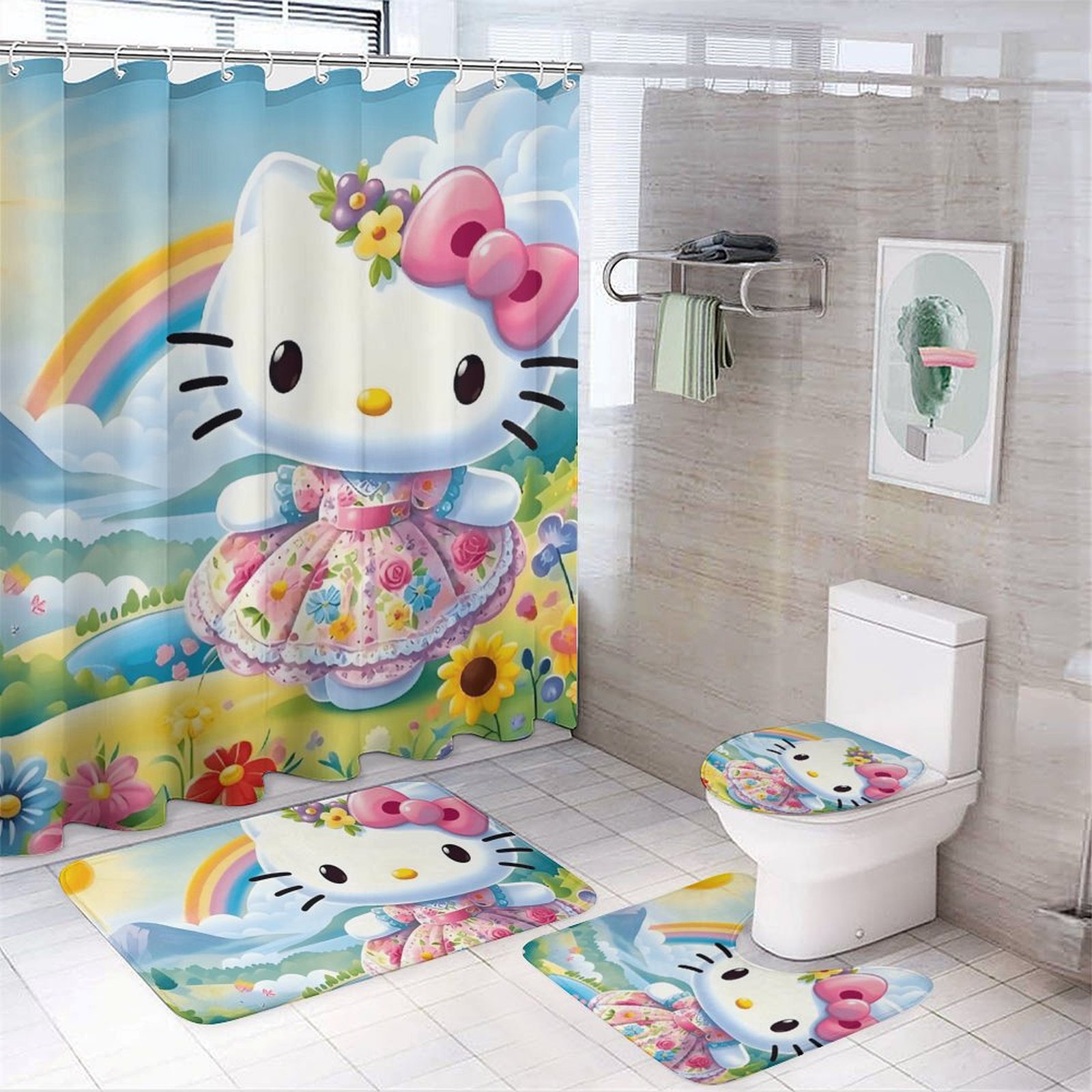 Cartoon Hello Kitty Shower Curtain Sets, 72''x72'' Cute Bath Curtain ...