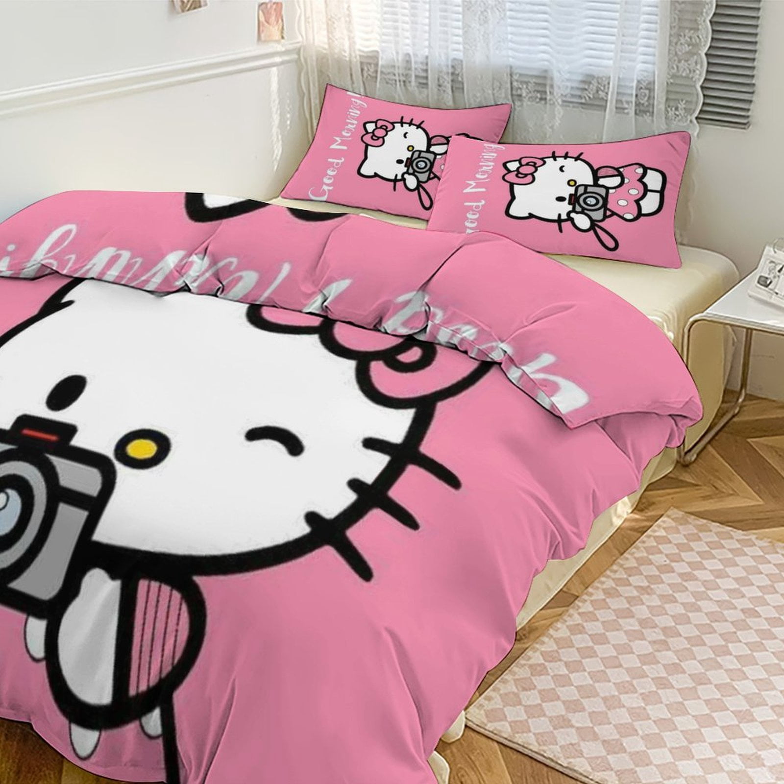 Cartoon Hello Kitty Take A Photo Girl Room Decor Full Size Bedding Set ...