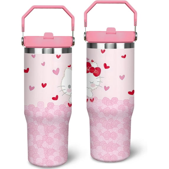 Cartoon Hello Pink Heart Cat 30oz Tumbler with Handle Cute Kawaii Water Bottle for Girl Women Stainless Steel Insulated Travel Coffee Cup with Straw and Lid