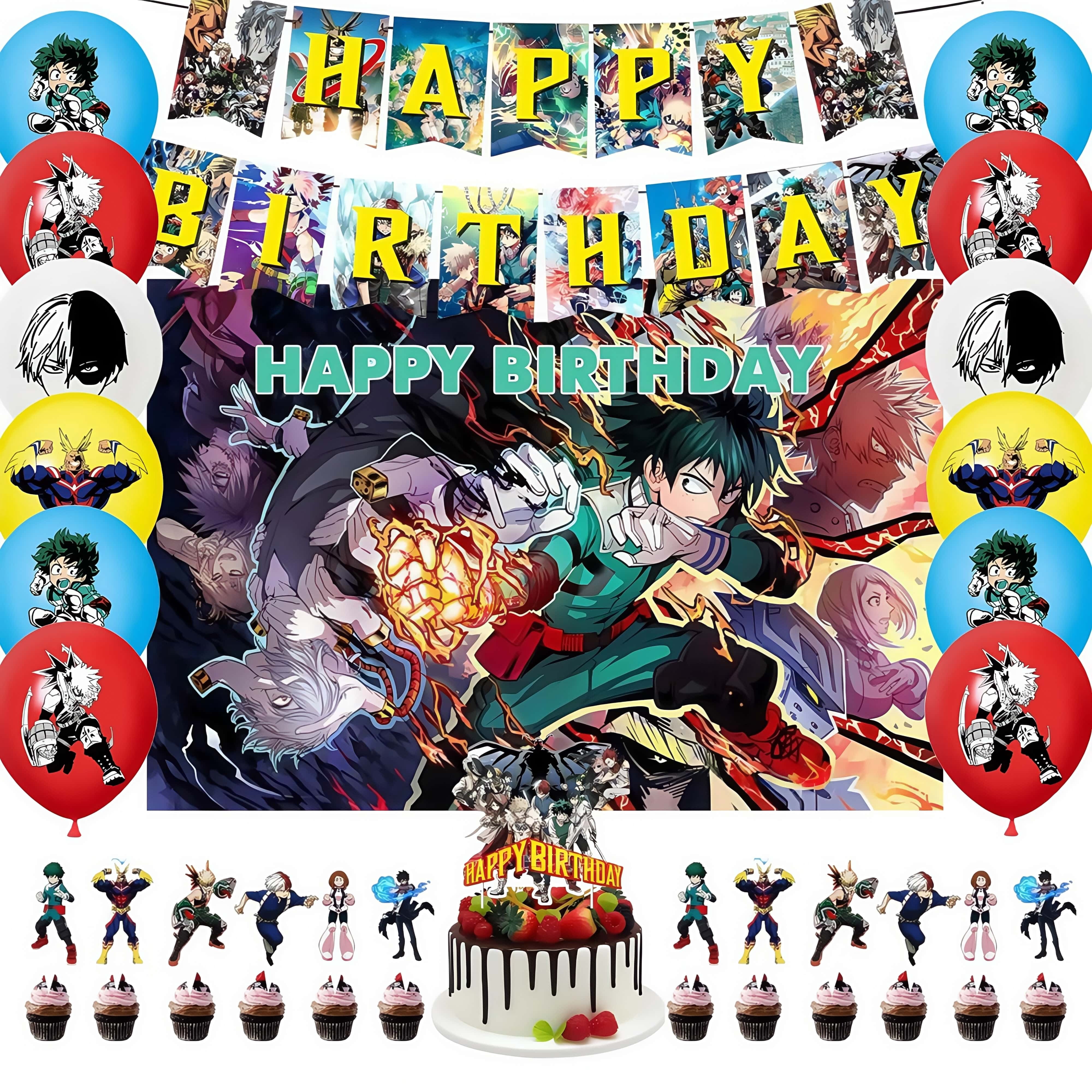 Cartoon My Hero Academia themed birthday party supplies decorations
