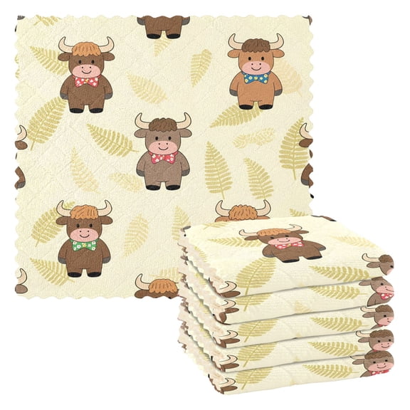 Cartoon Highland Cattle Kitchen Cloth Dish Towels for Drying Washing Absorbent Dish Rags Reusable soft kitchen dishcloth set 6 Pack