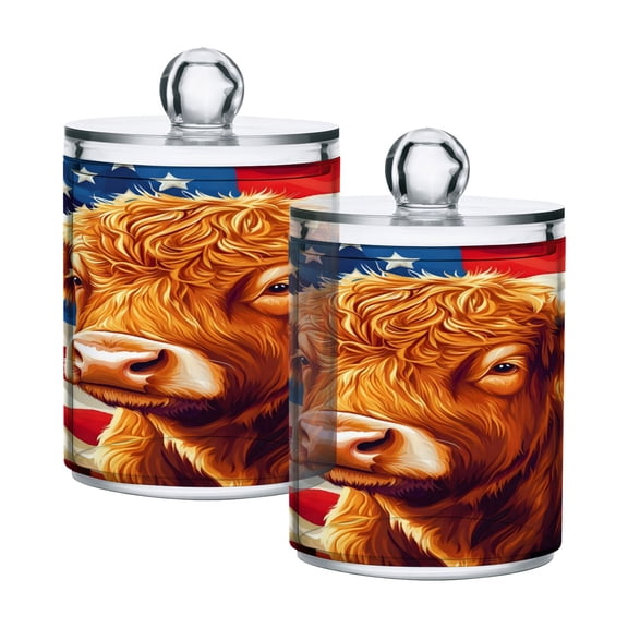Cartoon Highland Cow American Flag Translucent Plastic Cans Storage Canisters with Lid Set of 2
