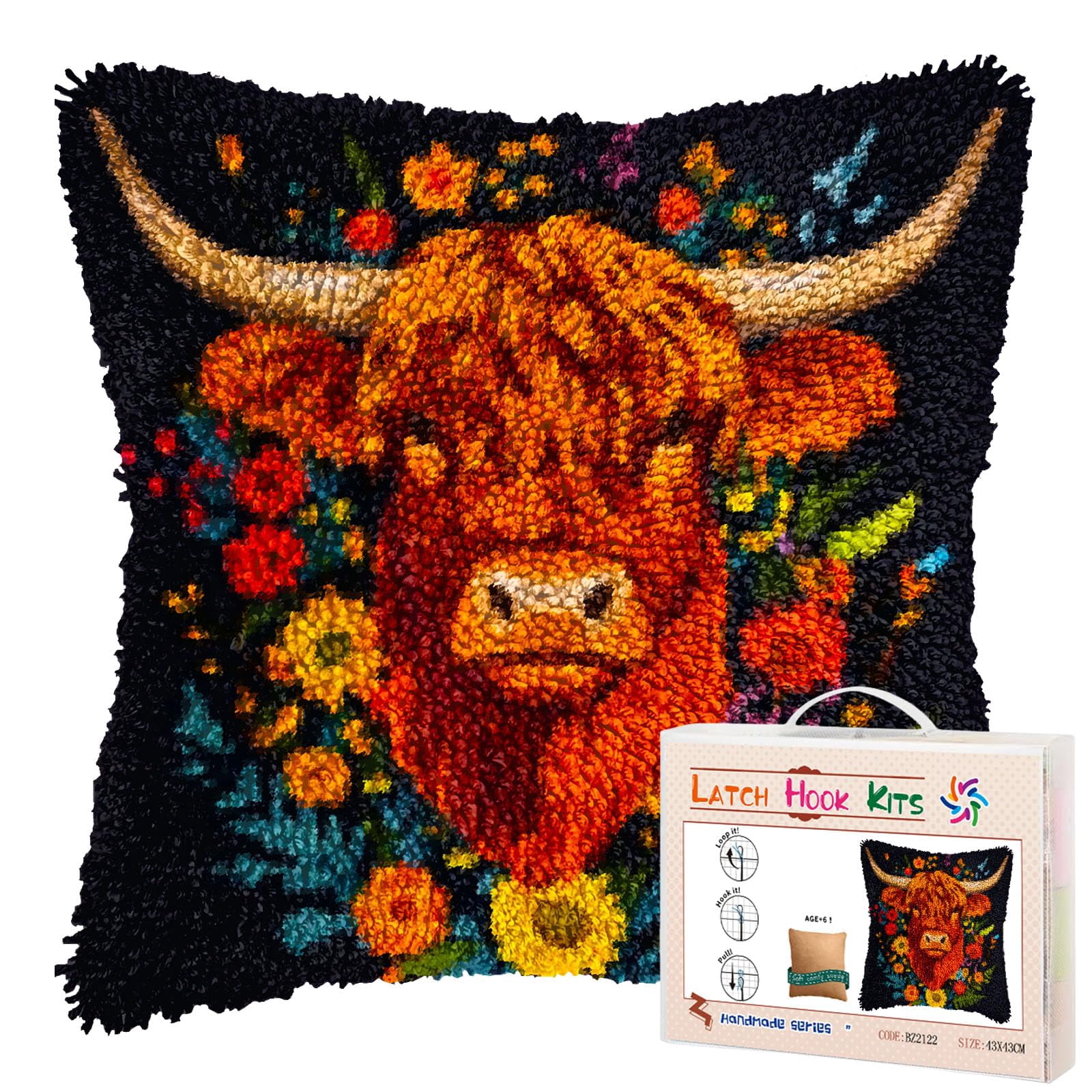Cartoon Highland Cow in Daisy DIY Latch Hook Pillow Kits for Adults Printed Pillowcase Crochet Yarns Hooking Handmade Pillow Cover Cushion for Home Sofa Decoration 17x17inch