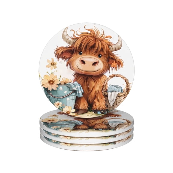 Cartoon Highland Cow Drink Coasters,Flowers Basket Mug Coaster Mat Set 4 for Coffee Table Home Living Room Decor