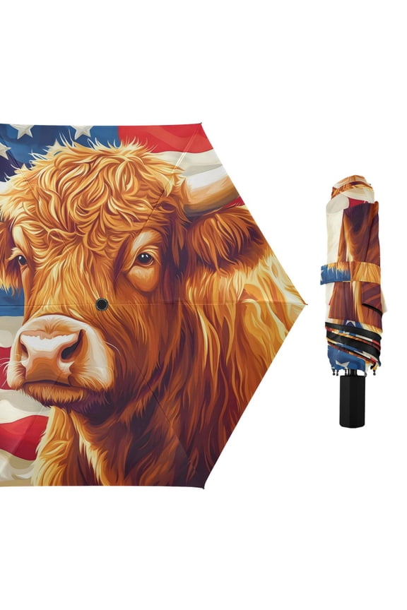 Cartoon Highland Cow Flag All Weather Umbrella Triple Folding Parasol 6 Ribs UV Protection Portable