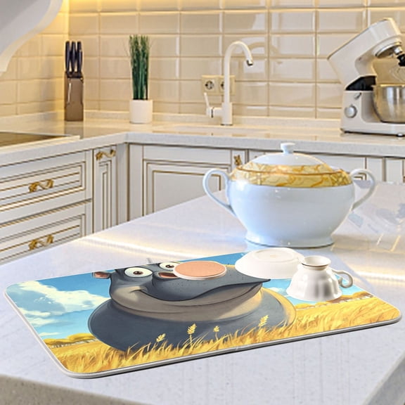 Cartoon Hippo Dish Drying Mats for Kitchen Counter Absorbent Microfiber Coffee Pad