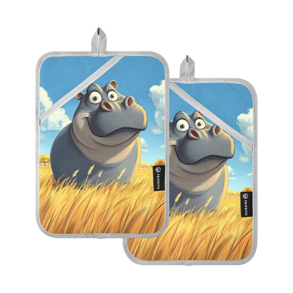 Cartoon Hippo Oven Mitts Pot Holders 2 pcs Heat Resistant for Kitchen Baking Grilling