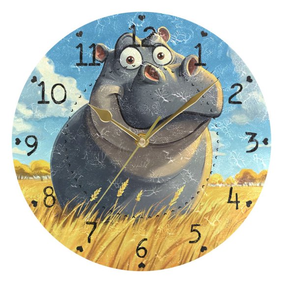 Cartoon Hippo Round Wall Clock Silent Battery Operated Home Decor for Living Room Bedroom