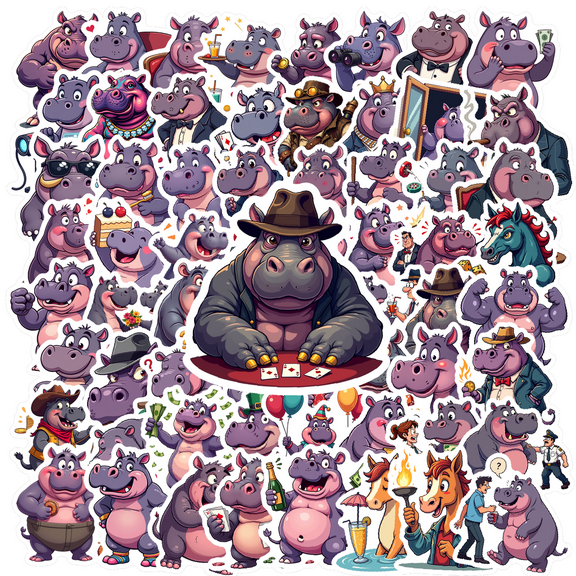 Cartoon Hippo Theme Stickers, Waterproof Hippo Theme Sticker for Water Bottle Laptop Phone Cases Planner Skateboard Luggage Helmet Party Favor Decor, Ideal for Adults Teens Teacher Rewards