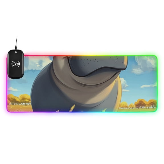 Cartoon Hippo Wireless Charging RGB Gaming Mouse Pad Large Keyboard Mat Rubber Base 13 Light Modes