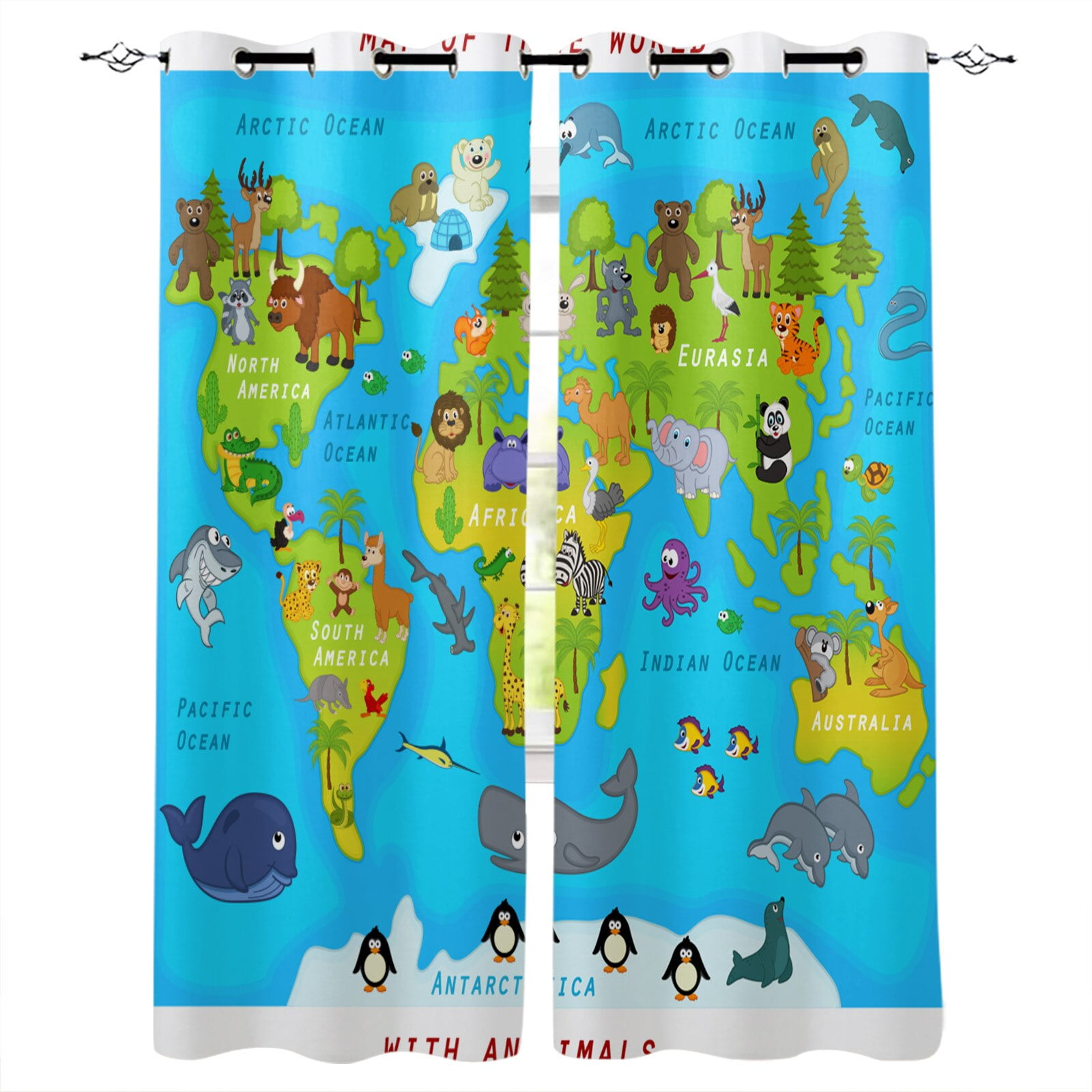 Cartoon Home Decor Curtains Animal Map of The World for Children and
