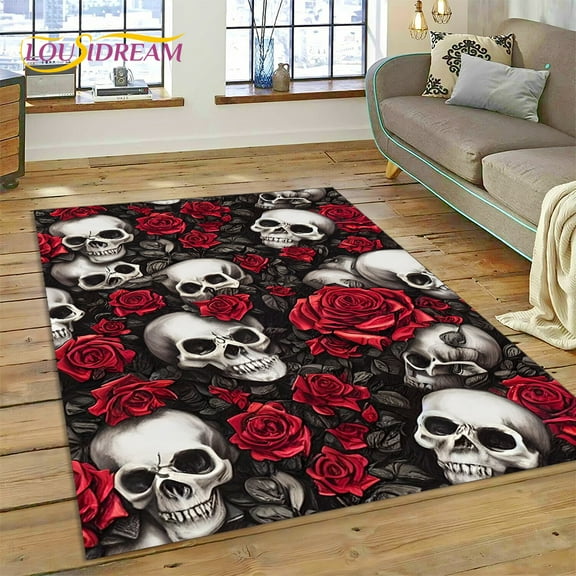 Cartoon Horrible Gothic Skull Flowers Carpet Rug for Home Living Room Bedroom Sofa Doormat r Kid Area Rug Non-slip Floor Mat