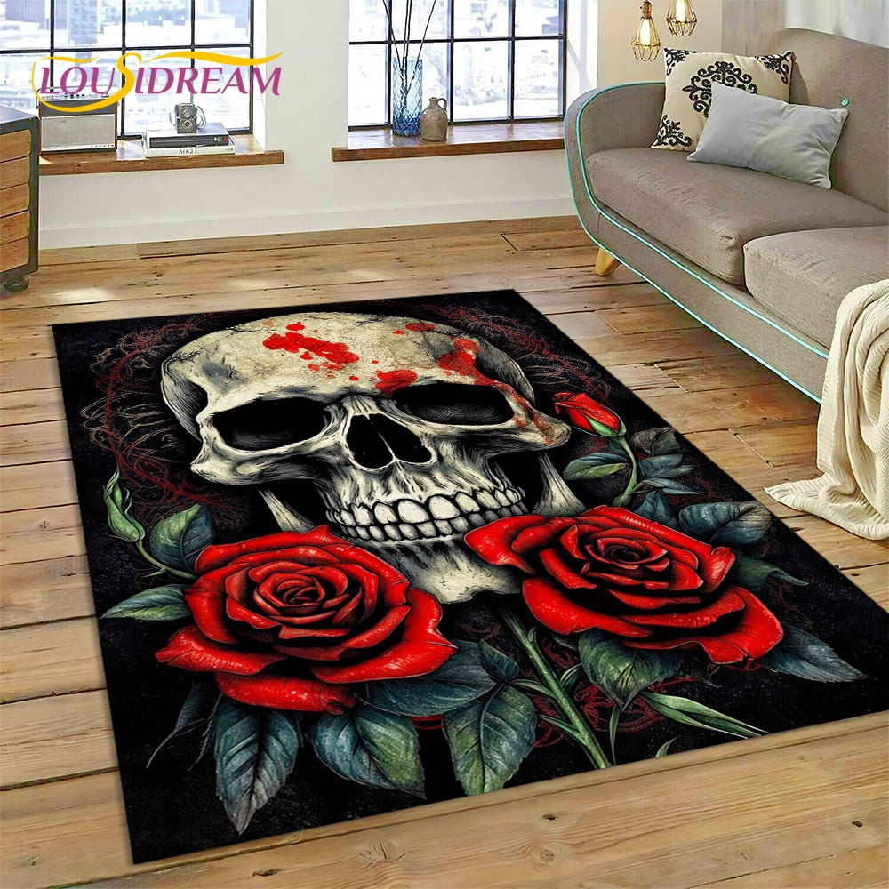 Cartoon Horrible Gothic Skull Flowers Carpet Rug for Home Living Room ...