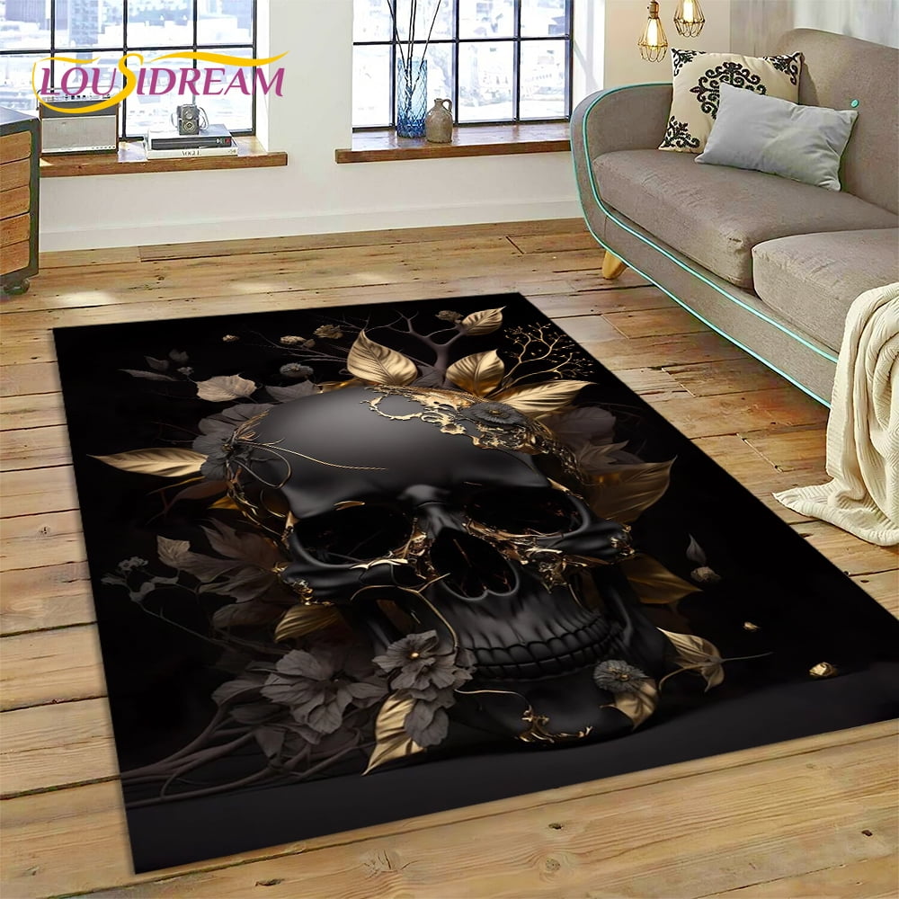 Cartoon Horrible Gothic Skull Flowers Carpet Rug for Home Living Room ...