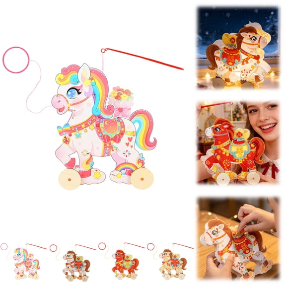 Cartoon Horse DIY Handhled Paper Lanterns Hanging Cartoon Lanterns for Lunar New Year Spring Festival Decoration Gifts