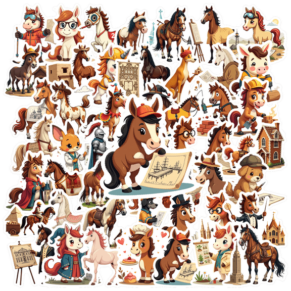 Cartoon Horse Theme Stickers, Waterproof Horse Theme Sticker for Water Bottle Laptop Phone Cases Planner Skateboard Luggage Helmet Party Favor Decor, Ideal for Adults Teens Teacher Rewards
