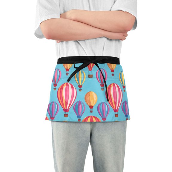 Cartoon Hot Air Balloon Server Apron with 3 Pockets Waterproof Waitress Waist Short Apron for Man Woman 12 Inches