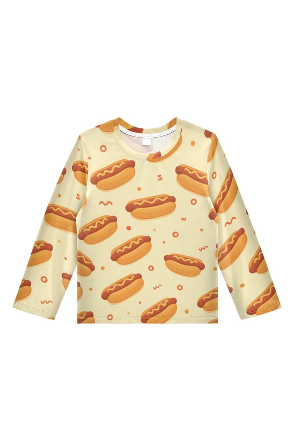 Cartoon Hot Dog Pattern Boys' Rash Guard Shirts UPF 50 Plus Sun Protection Short Sleeve Swim Tees 11-12T